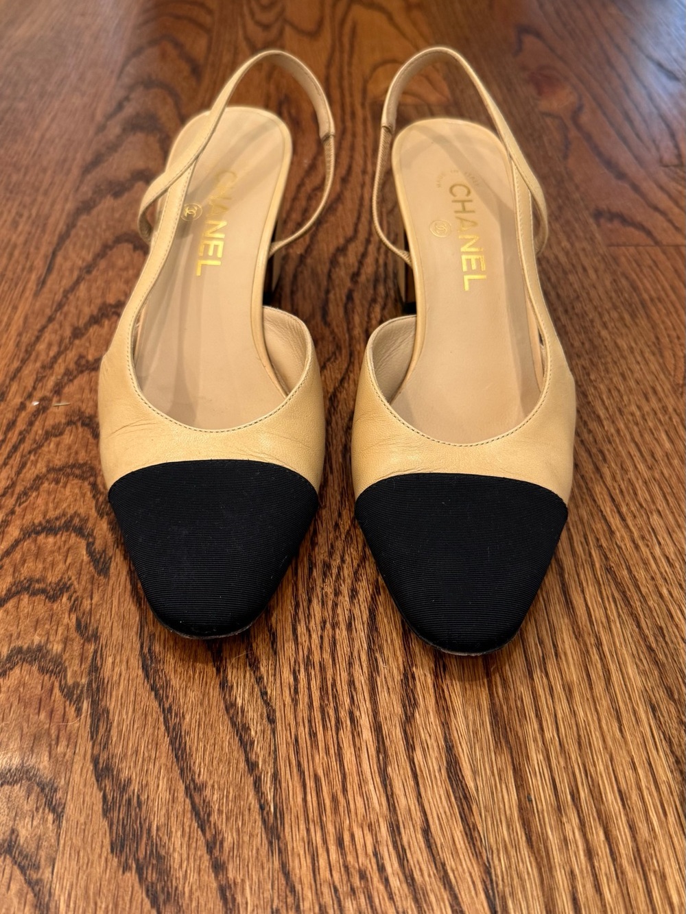 CHANEL Beige and Black Slingback Mules
